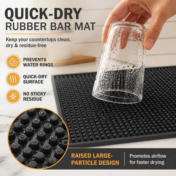 Premium Bar Mat 2-Pack – 0.35" Thick Heavy Duty Rubber Service Mat for Spills, Coffee Bars, Restaurants, and Countertop Dish Drying – Non-Slip Durable Bar Accessories (Black, 30x15CM & 45x30CM)