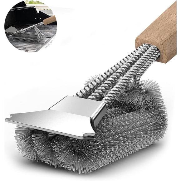3-in-1 BBQ Brush with Scraper - 30 cm Total - 20.2 cm Wooden Handle - Stainless Steel Spirals - Grill Cleaner - For all Grills - BBQ Accessories