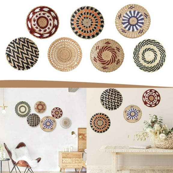 Wall Basket Decoration Wall Basket Decor Boho Wall Hanging Decor Rattan Wall Decor Flat Round Wicker Woven Macrame Tapestry Wall Basket Serving Tray Art Handmade Set for Room Bedroom