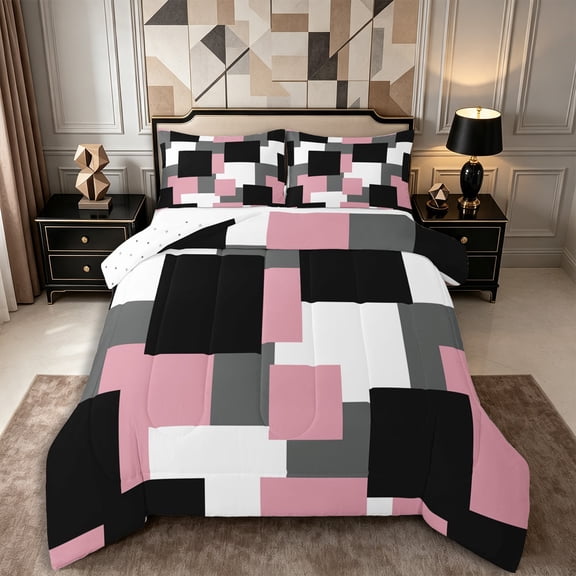 Castle Fairy Abstract Irregular Square Block Full Size Comforter Sets 3-Piece,Geometric Overlap Bedding Comforter Set,Dusty Pink Gray Black,Reversible,1 Comforter and 2 Pillowcases
