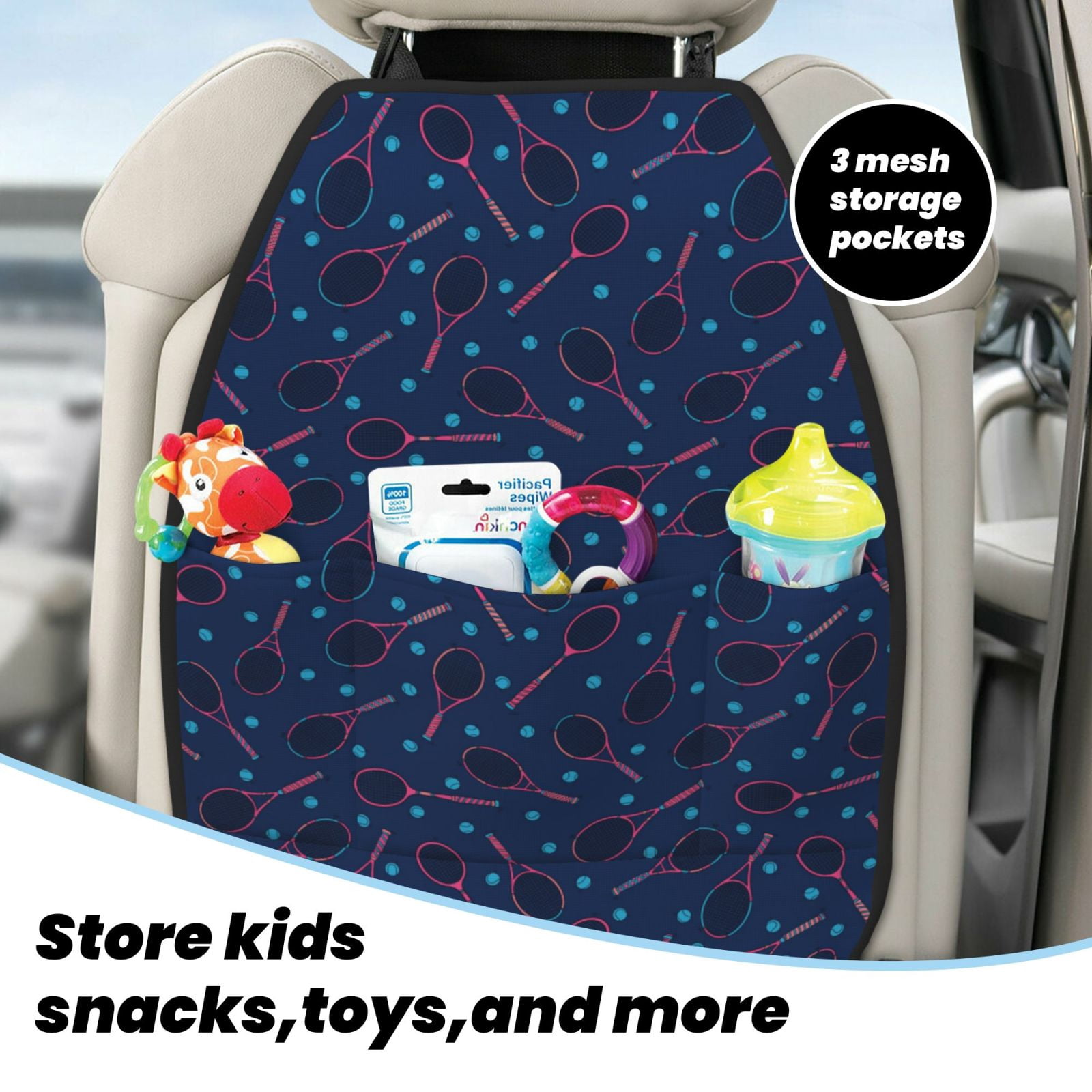Kdxio Tennis Racket Print 2 Pack Car Kick Mat Seat Cover Back Protector Mat with Pockets for Organizer Backseat Protector and Storage Anti Kick Pad for Vehicles