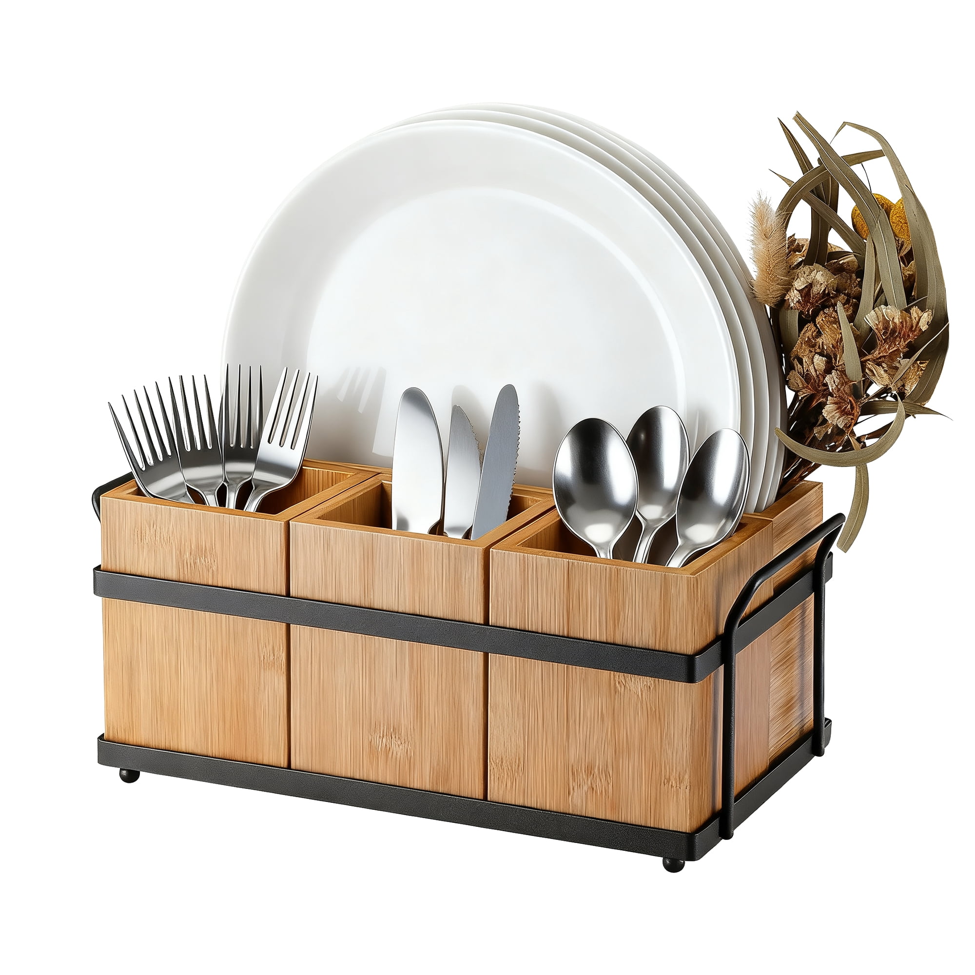 Silverware Caddy, Silverware Holder, Utensil Caddy with 4 Removable Compartments, Bamboo Paper Plate Dispenser with Divider,  Organizer Box for Spoons Forks Plates Napkins