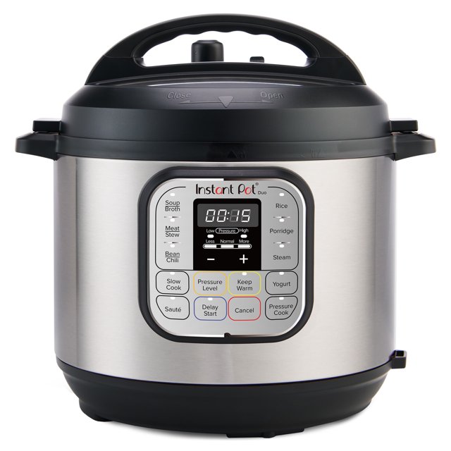 Instant Pot Duo 7-in-1 Mini Electric Pressure Cooker, stainless steel with black lid and handle, compact 3-quart multi pot featuring a digital control panel with preset buttons for soup, meat stew, bean chili, slow cook, sauté, pressure level, delay start, keep warm, cancel, rice, porridge, steam, yogurt, and pressure cook, displaying a timer, ideal for small households and versatile cooking.