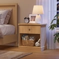 thumbnail image 3 of Modern Fluted Bedside Cabinet with Drawer and Open Shelf - Compact Bedside Table - Stable Curved Base - Easy-to-Clean Wood Grain - Light Oak Color, 3 of 8