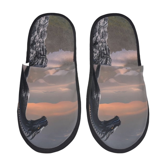 Fotbe Black Dragon Cliff Dawn Pantuflas Peludas para Mujer con Estampado, Zapatillas de Peluche, Zapatos de Invierno para Casa, Uso Interior y Exterior-Medium