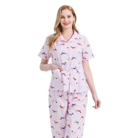 

GLOBAL Women 100% Cotton Button Down Short Sleeve Top & Long Pants Summer Pajama Set with Pockets 2-Piece Sizes S to 3XL
