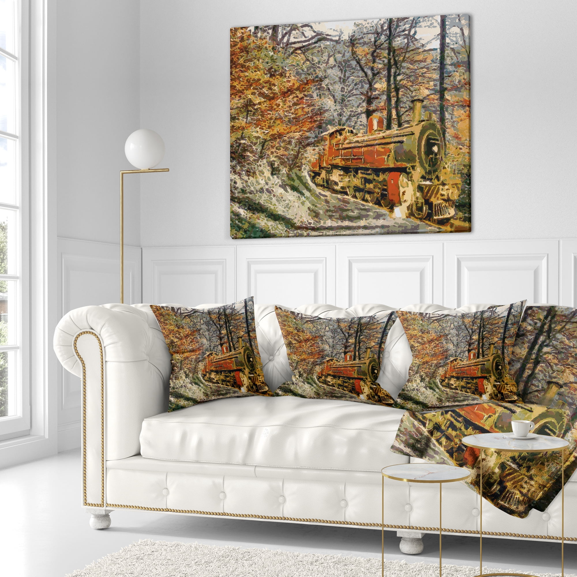 Designart Train in Forest Oil Painting - Landscape Painting Throw Pillow - 16x16