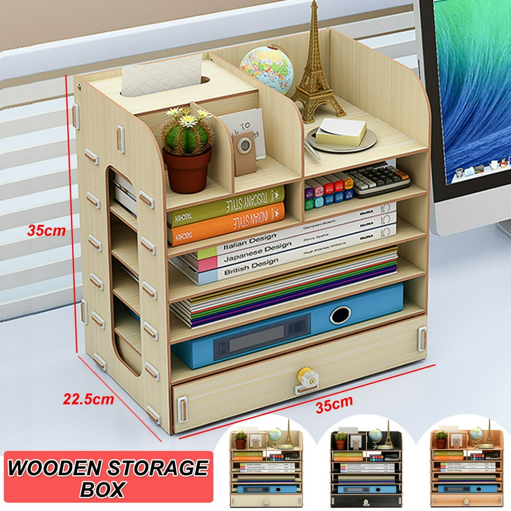 7 Layers Desk Organizer Desktop Storage Container Office,Wooden Large