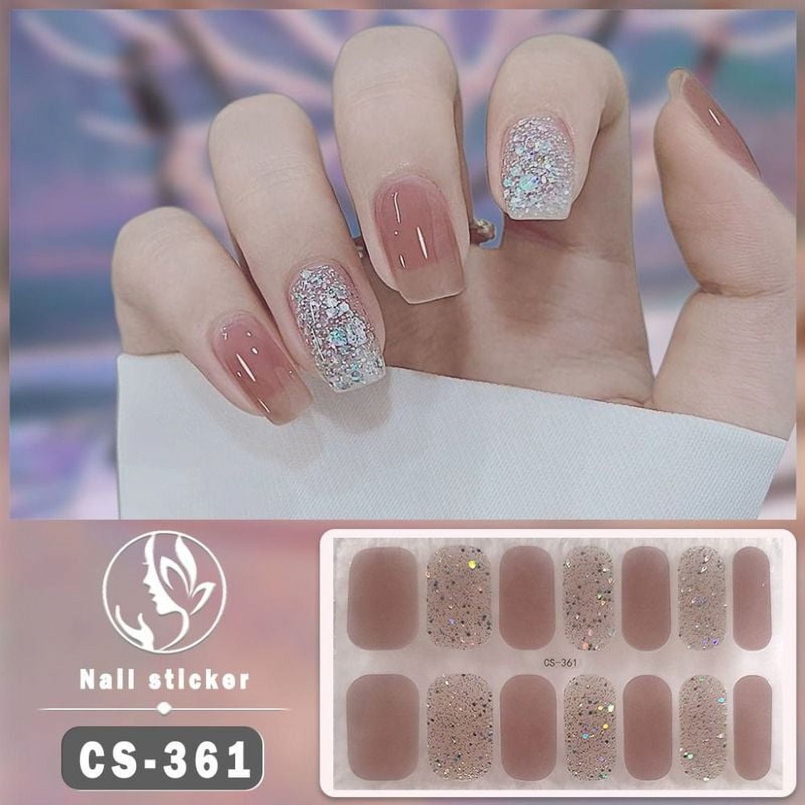 14Tips Semi Cured Gel Nail Stickers Foil Glittering Nail Art Stickers Self-Adhesive Simple Gel Full Nail Wraps