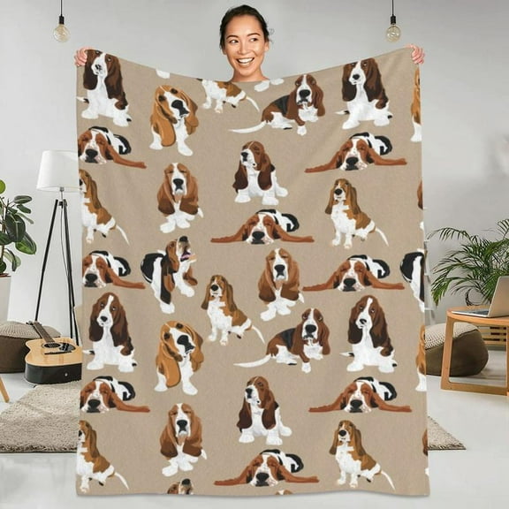 Basset Hound Flannel Throw Blanket Super Warm - Brown Dog Animal Design Cozy Camping Bedspread Sofa Cover for Winter Holiday Gifts