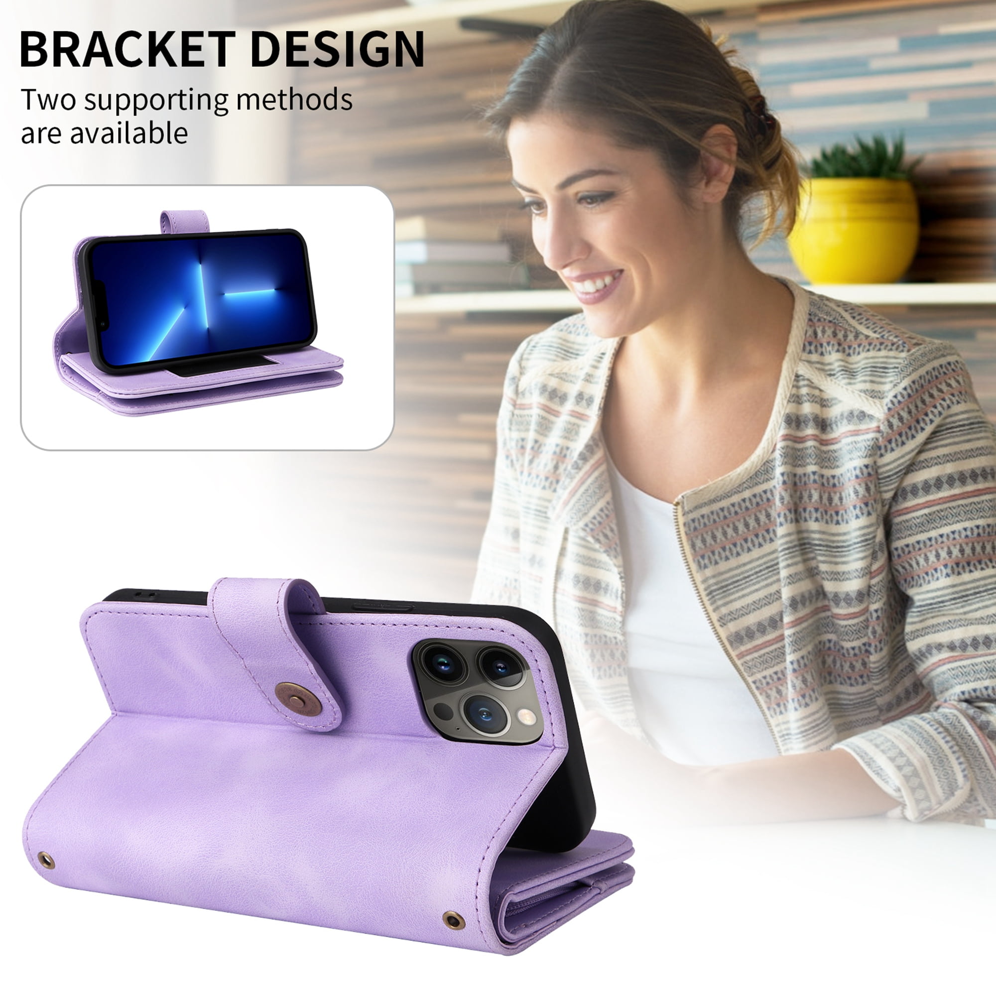 Dteck for Apple iPhone 14 Pro 6.1 inch Wallet Case for Women Men, Sturdy PU Leather Case Magnetic Flip Zipper 7 Cards Holder Wristlet & Shoulder Strap Kickstand Phone Case,  Purple