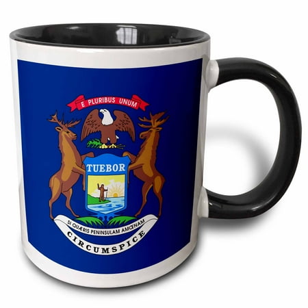 3dRose Flag of Michigan US American state United States of America USA - elk moose eagle coat of arms blue, Two Tone Black Mug, 11oz