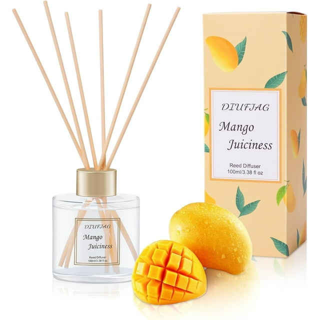 100ml Scent Diffuser with 6 Fiber Sticks, 3.5 oz Reed Diffuser Set Aromatherapy Fragrance Diffusers Air Fresheners for Home Bedroom Bathroom (Mango)
