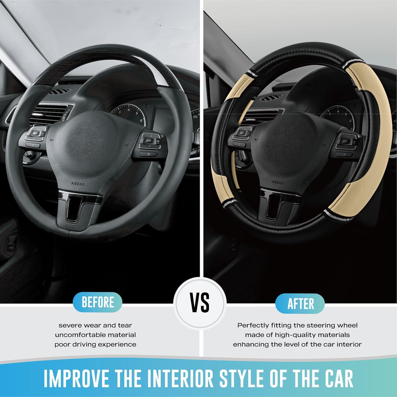 Leather Steering Wheel Cover - Made with PVC Leather - Anti-Slip, Universal Fit 14 1/2 inches to 15 inches - Beige