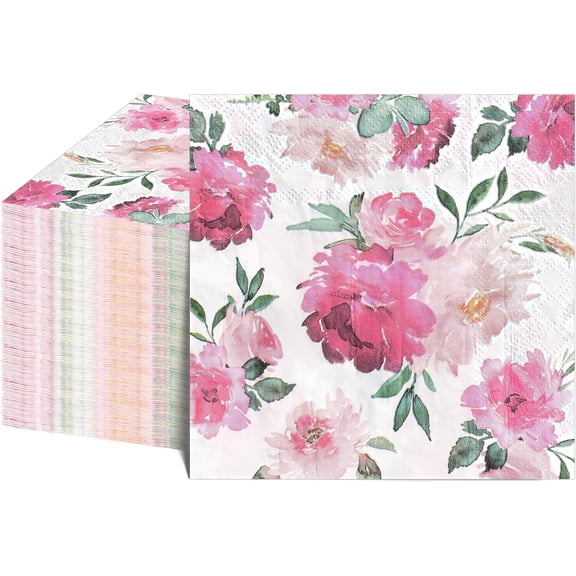 120 Pcs Pink Floral Napkins, Disposable Watercolor Flower Napkin Spring Cocktail Napkins Decorative Blossom Dinner Napkin for Tea Party, Garden Party,Baby Shower,Bridal Shower