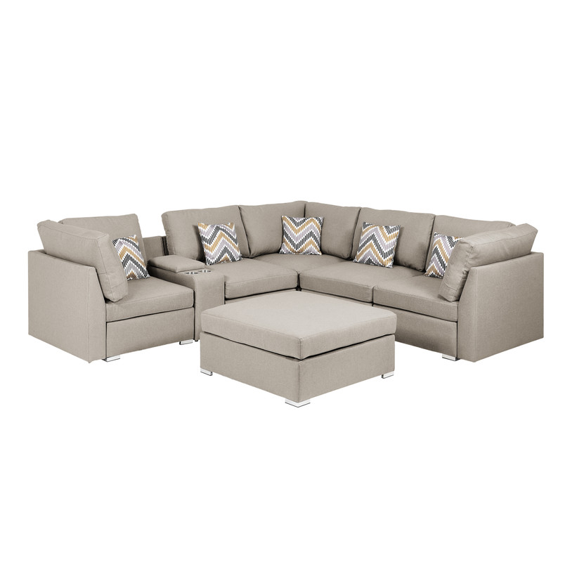Amira Beige Fabric Reversible Sectional Sofa with USB Console and