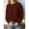 thumbnail image 6 of Women Striped Sweater Long Sleeve Fall Round Neck Pullover Knit Tops Cute Casual Oversized Y2K Clothes Solid Wine Red S, 6 of 9