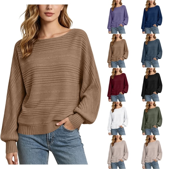 Womens Batwing Long Sleeve Sweaters Zaewscy Women's Casual Round Neck Batwing Sleeve Striped Knit Pullover Top For Fall Winter Fashion 2026 Coffee XXL