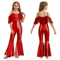thumbnail image 6 of inhzoy Kids Girls Shiny Metallic Tassels Flared Jumpsuit Bell Bottom Spaghetti Strap Disco Party Outfits Red 8, 6 of 7