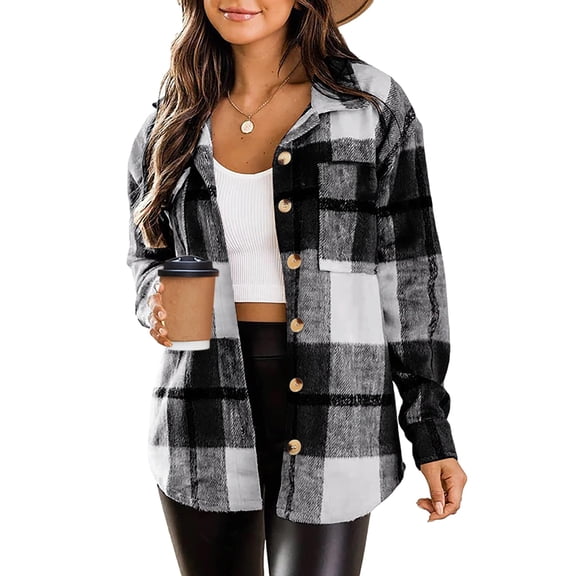 Zeagoo Oversized Plaid Flannel Jacket Button Down Long Sleeve Coat Grey Black M