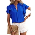 thumbnail image 1 of Daeful Ladies Blouse Double Layer Ruffles Short Sleeve Shirts Office V Neck Elegant Tops Blue 2XL, 1 of 1