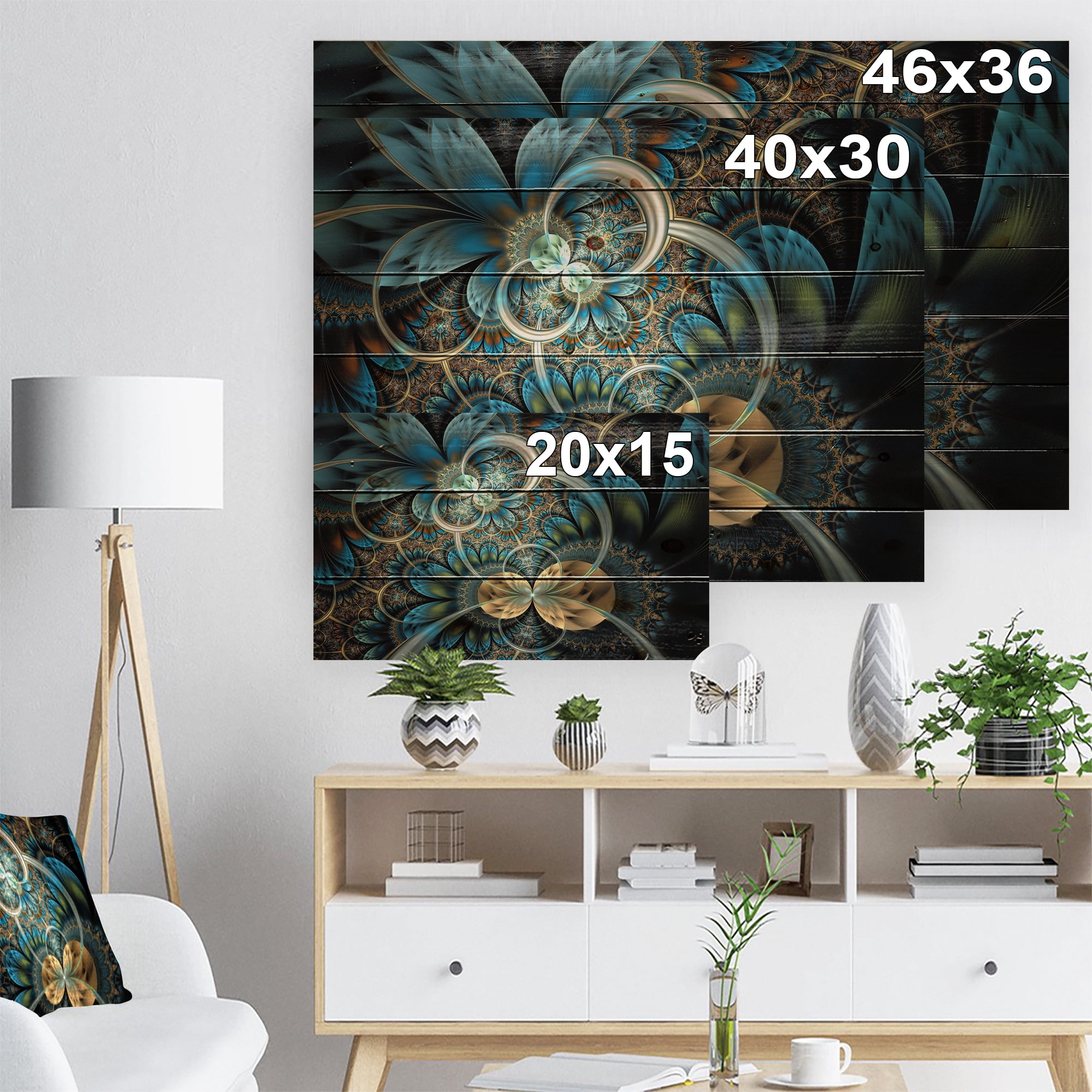 Designart 'Symmetrical Gold Blue Fractal Flower' Abstract Print on Natural Pine Wood