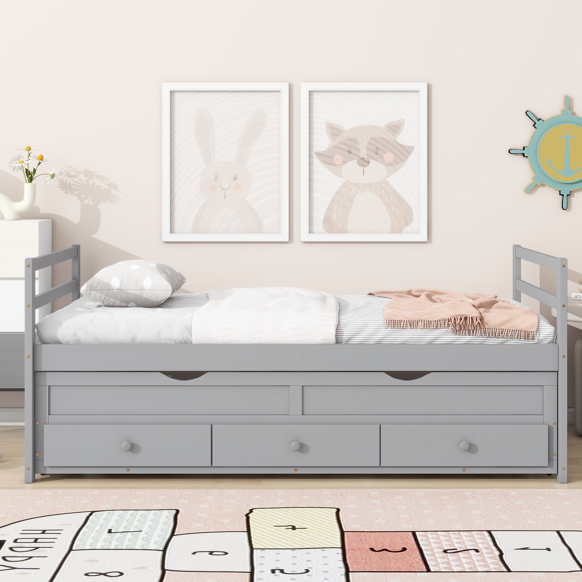 Sailvan Twin Size Bed with Headboard, Footboard, Trundle and 3 Storage Drawers, Pine Wood Bed