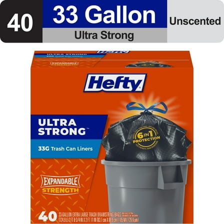 Hefty Ultra Strong Large Trash Can Liners, Black, 33 gallon, 40 Count