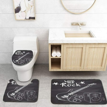 GOHAO Guitar Love Rock Music Themed Sketch Art Sound Box and Text on Chalkboard 3 Piece Bathroom Rugs Set Bath Rug Contour Mat and Toilet Lid