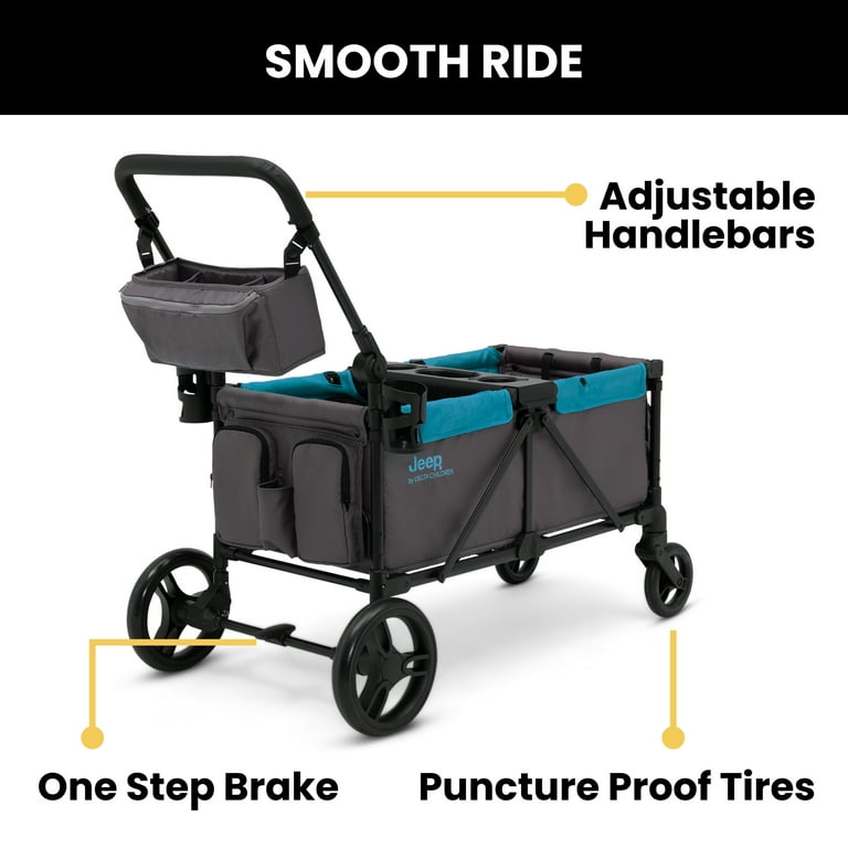 Jeep Sport All-Terrain Stroller Wagon by Delta Children - Includes Canopy, Parent Organizer, Adjustable Handlebar, Snack Tray & Cup Holders, Grey/Blue Jeep Sport All-Terrain Stroller Wagon by Delta Children - Includes Canopy, Parent Organizer, Adjustable Handlebar, Snack Tray & Cup Holders, Grey/Blue