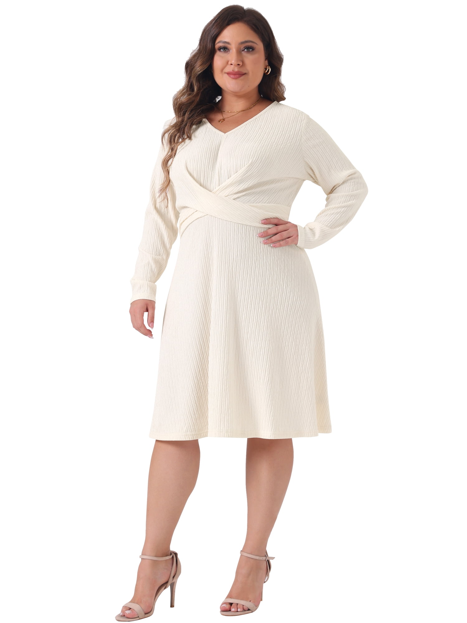 DARING DIVA Plus Size Long Sleeve V Neck Criss Cross Midi Sweater Dress 3X Beige