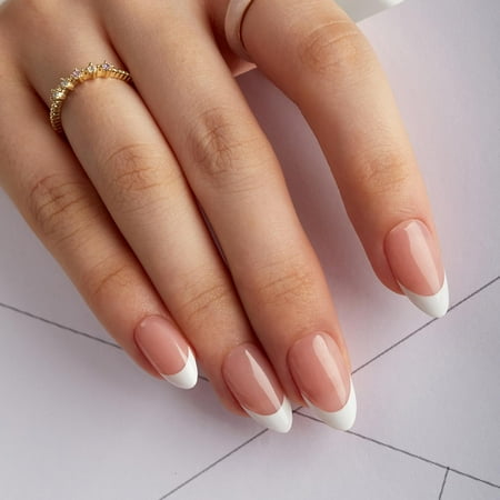 French Press on Nails Short Almond Fake Nails Classic White French Tip Nude Gel Acrylic Nails with Nail Glue Glossy False Nails Kits for Women Super Fit Natural Nails 24 Pcs White 0.04 Fl Oz