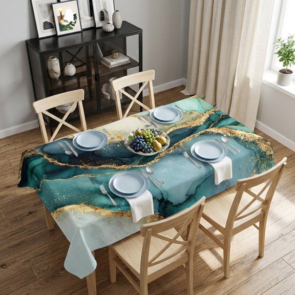 Abstract Marble Rectangle Tablecloth 60x84 Inch Luxe Gold Foil Teal Waterproof Polyester Table Cover, Washable Stain Resistant Tablecloth for Dining Table Kitchen Wedding