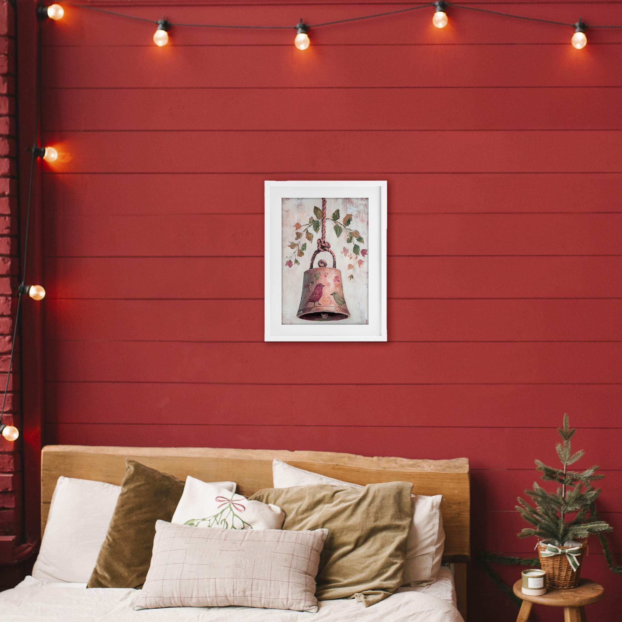 Vintage Christmas Bell White Framed Print Under Glass, design by Petal Prints Design