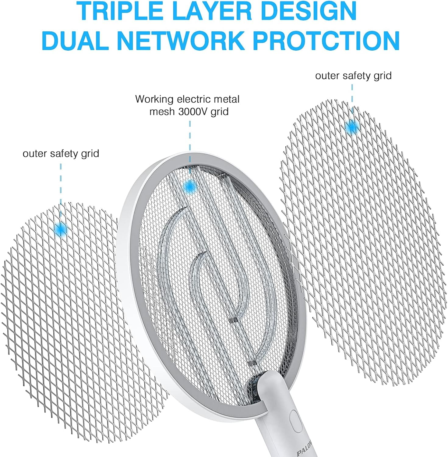 PALONE Electric Fly Swatter 3000V Bug Zapper Racket 2 in 1 Fly Swatter with 1200mAh Battery Rechargeable Mosquito Killer Lamp with 3 Layers Safety Mesh for Indoor and Outdoor