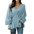 thumbnail image 1 of Pompotops Women's Solid Color Drawstring Irregular Long Sleeve Shirt Loose Long Sleeve V-Neck Tops Clearance, 1 of 5