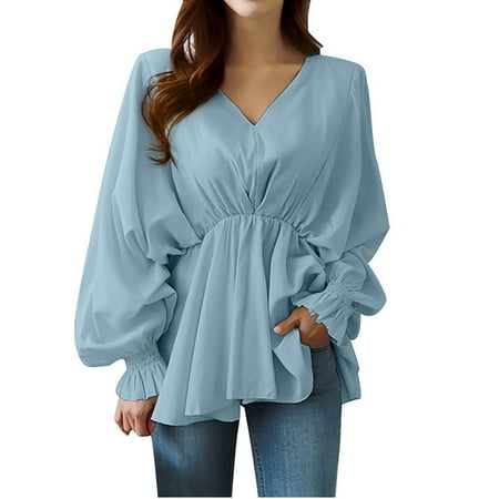 Wyongtao Women s Babydoll Blouses Casual Solid Color Drawstring V Neck Long Sleeve Round Hem Ruffled Peplum Tops Dressy Work Blouse Blue L