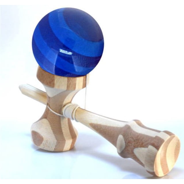 Kendama de bambú RQN con bola azul translúcida con cuerda extra para niños, adolescentes y adultos, regalo de festivales