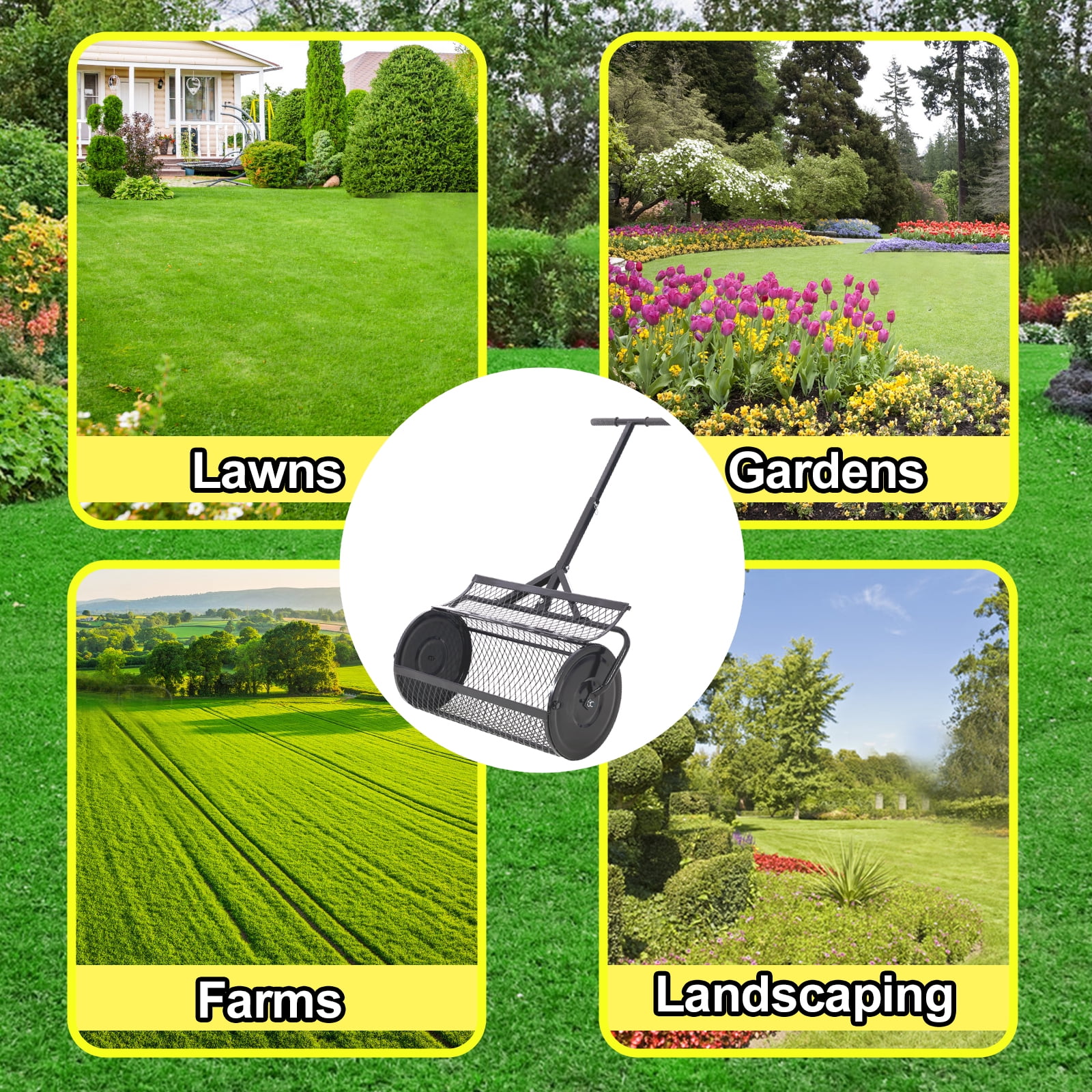 24-Inch Peat Moss Spreader Metal Mesh Compost Roller for Garden Care