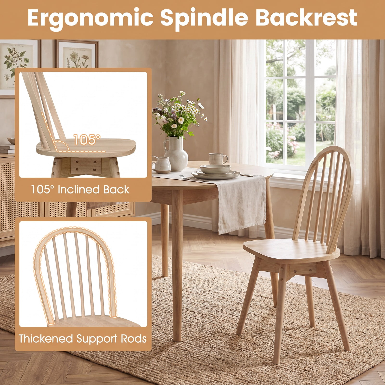 Furnibear Swivel Windsor Dining Chairs Set of 2 with Solid Rubber Wood Frame for Kitchen Dining Room Living Room Home, Natural