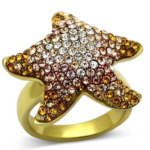 IP Gold Ion Plating Stainless Steel Ring with Top Grade Crystal, Multi Color - Size 8