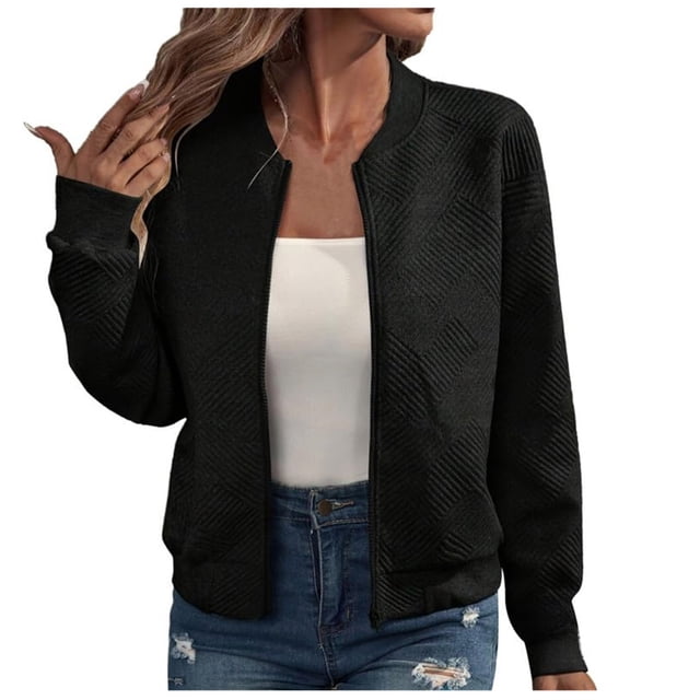Mgmyaa Veste Bomber pour Femmes Texture Tricotée Épaisse Fermeture Éclair devant Manches Longues Décontractée Ample