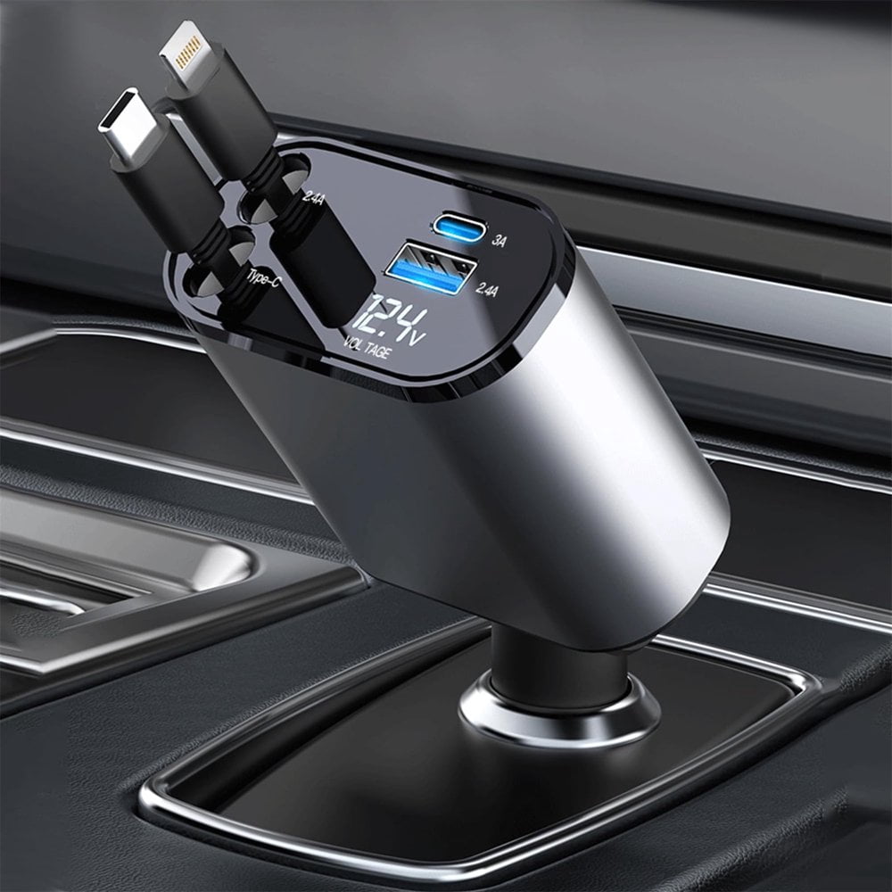 PENGX 4 in 1 Retractable Car Charger  100W Fast Car Phone Charger with  and Type C Cable and 2 Charging Ports Car Charger Adapter