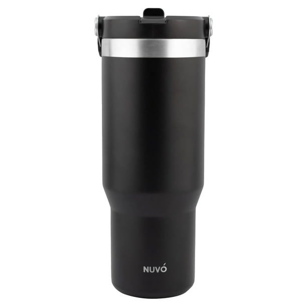 Termo Doble Pared de Acero Inoxidable con Asa y Popote, Negro, 900 ml