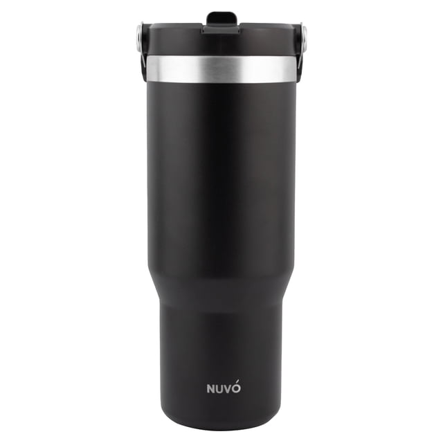 Termo Doble Pared de Acero Inoxidable con Asa y Popote, Negro, 900 ml