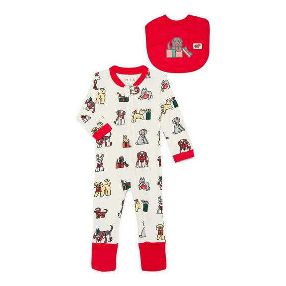 M A by Monica Andy Gender Neutral Baby Christmas Organic Cotton One Piece Pajamas and Bib Set, 2-Piece, Sizes 0M-24M