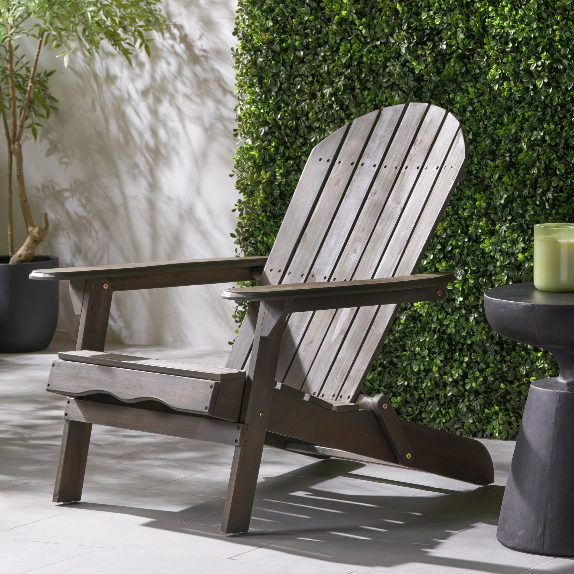 Jopath Folding Adirondack Chair with Slatted Back and Wide Armrests Outdoor Wooden Accent Furniture Lounge Chairs for Patio Garden Gray