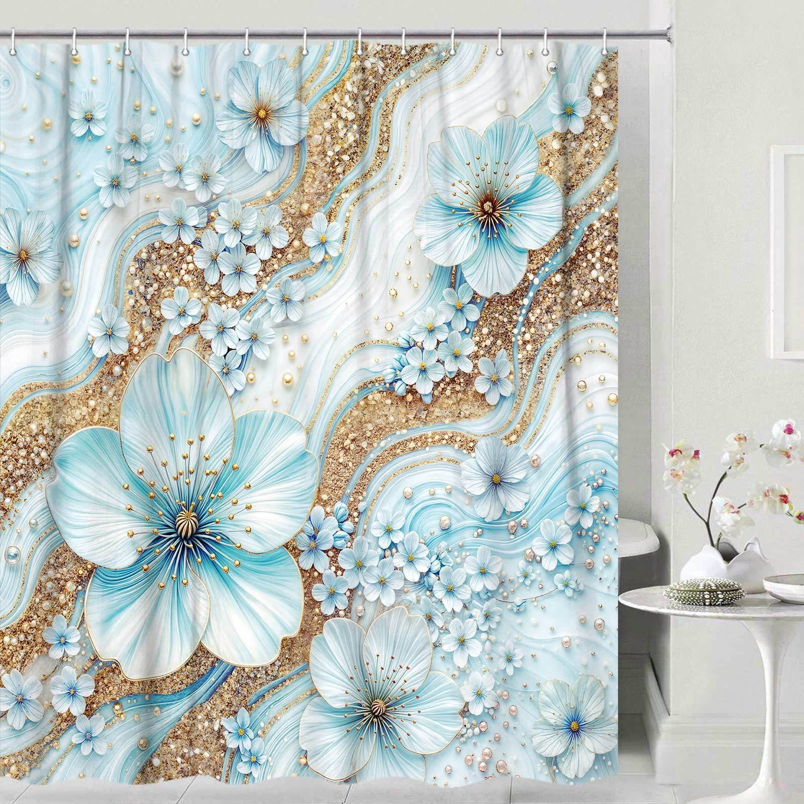 Blue Luxury Light Floral Shower Curtain, Elegant Boho Bathroom Decor, Cherry Blossom with Gold Glitter Marble Texture, Waterproof Washable Fabric Shower Curtain Set with Hooks,70X75in