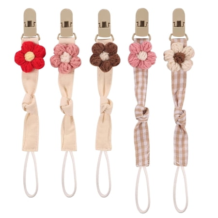5 Pack Pacifier Clips for Baby Girls, Fabric Straps, Resin Clips with Inner Grip Design, Fits Most Pacifiers with Handles