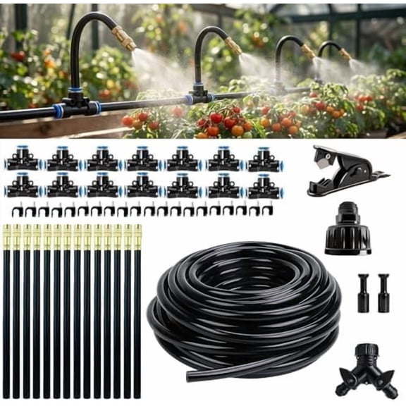 2026-Upgrade 100Ft 1/4" Drip Irrigation System,Garden Watering Kit with 20 count 360? Adjustable Copper Nozzles,Automatic Atomizing Sprinkler,DIY for Outdoor,Lawn,Greenhouse,Raised Beds (50FT/14pcs)
